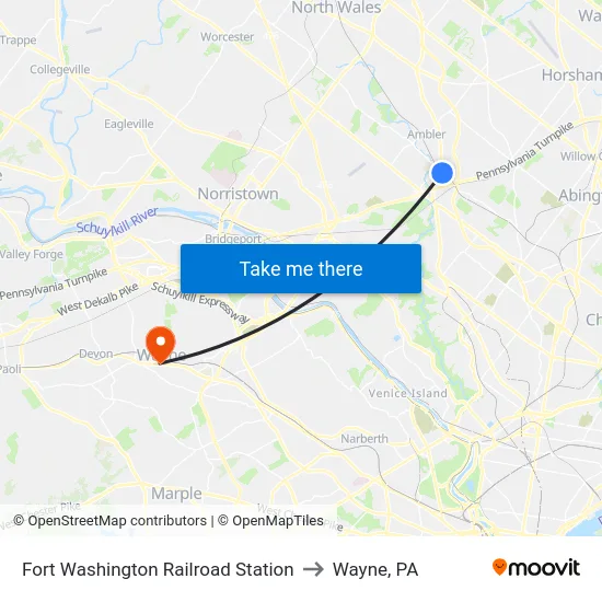 Fort Washington Railroad Station to Wayne, PA map