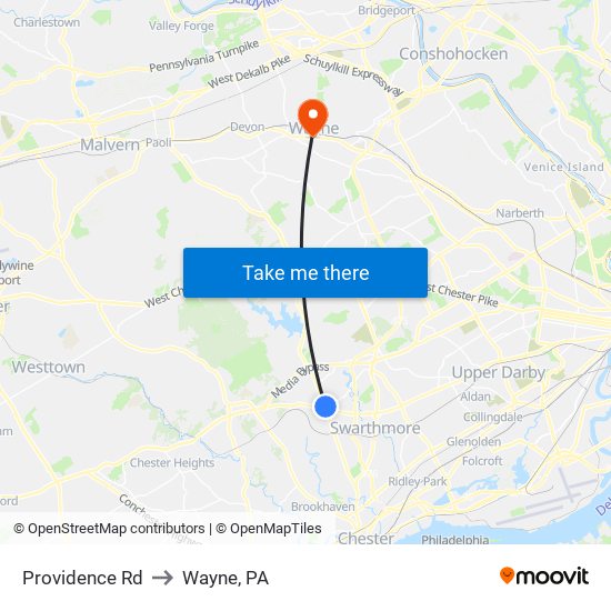 Providence Rd to Wayne, PA map