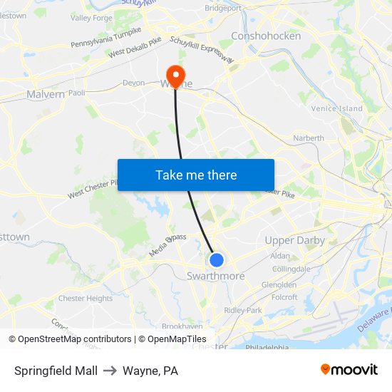 Springfield Mall to Wayne, PA map