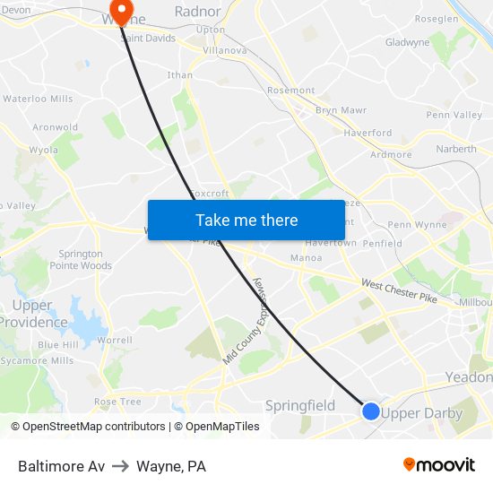 Baltimore Av to Wayne, PA map