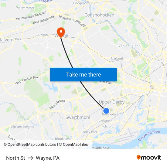 North St to Wayne, PA map