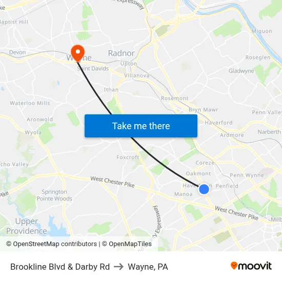 Brookline Blvd & Darby Rd to Wayne, PA map