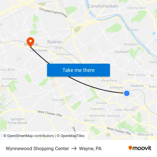 Wynnewood Shopping Center to Wayne, PA map