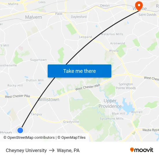 Cheyney University to Wayne, PA map