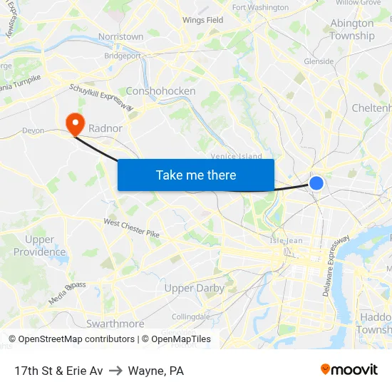 17th St & Erie Av to Wayne, PA map