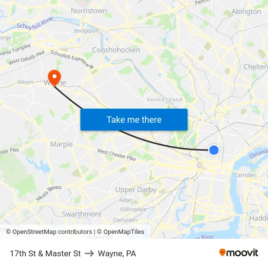 17th St & Master St to Wayne, PA map