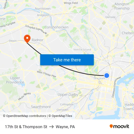 17th St & Thompson St to Wayne, PA map