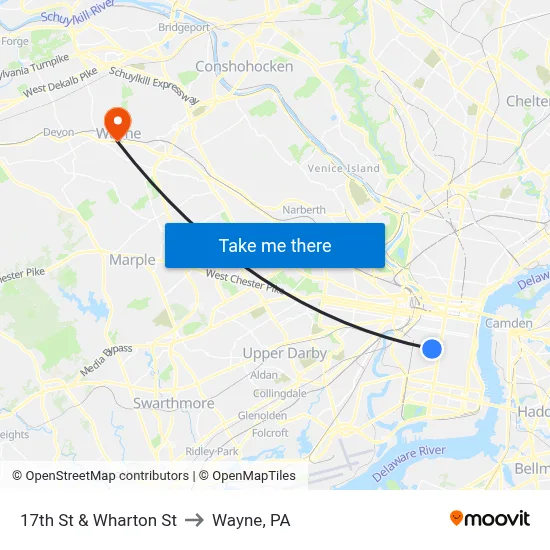 17th St & Wharton St to Wayne, PA map