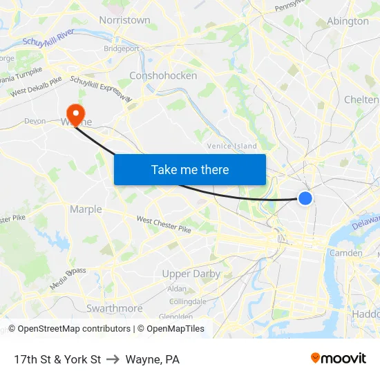 17th St & York St to Wayne, PA map