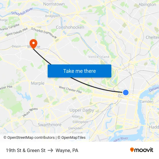 19th St & Green St to Wayne, PA map