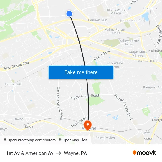 1st Av & American Av to Wayne, PA map