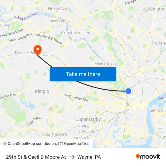 29th St & Cecil B Moore Av to Wayne, PA map