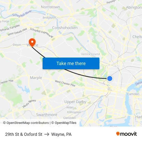 29th St & Oxford St to Wayne, PA map