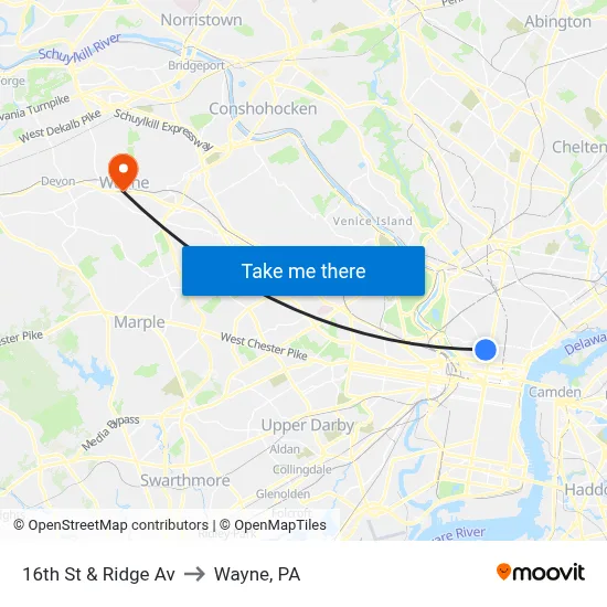 16th St & Ridge Av to Wayne, PA map