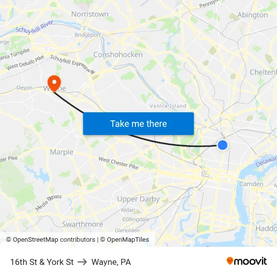 16th St & York St to Wayne, PA map