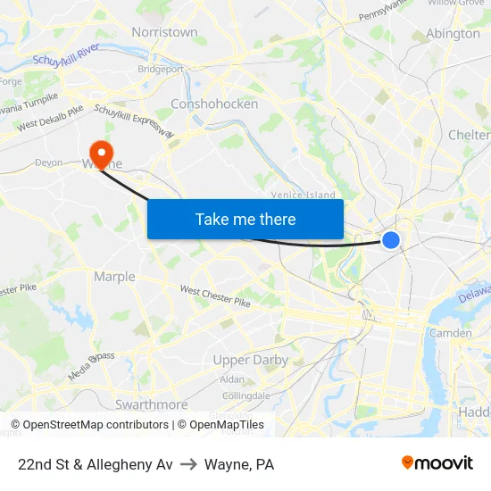 22nd St & Allegheny Av to Wayne, PA map