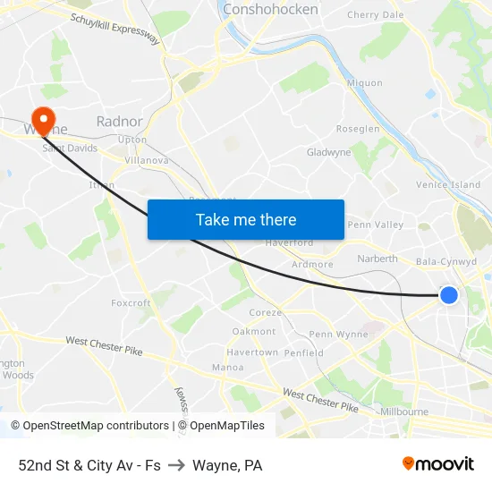 52nd St & City Av - Fs to Wayne, PA map