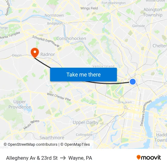 Allegheny Av & 23rd St to Wayne, PA map