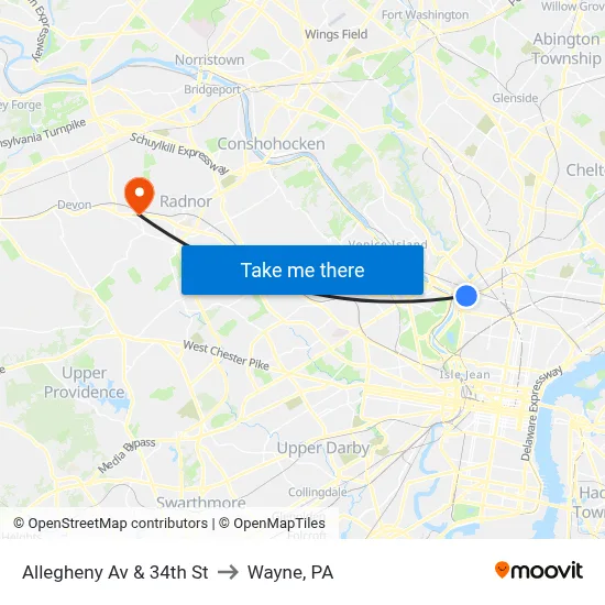 Allegheny Av & 34th St to Wayne, PA map