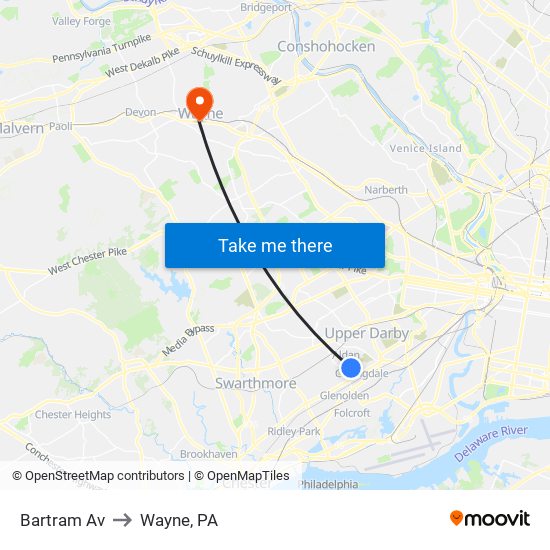 Bartram Av to Wayne, PA map