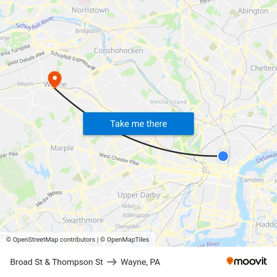 Broad St & Thompson St to Wayne, PA map