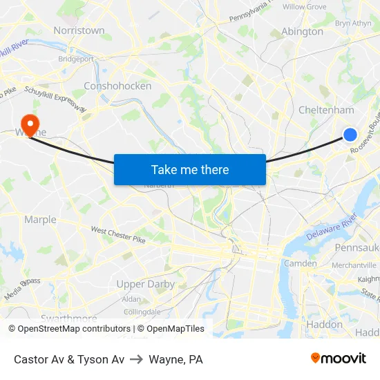 Castor Av & Tyson Av to Wayne, PA map