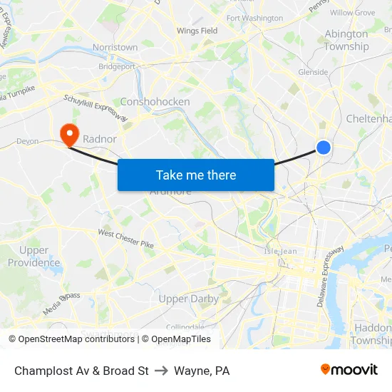 Champlost Av & Broad St to Wayne, PA map