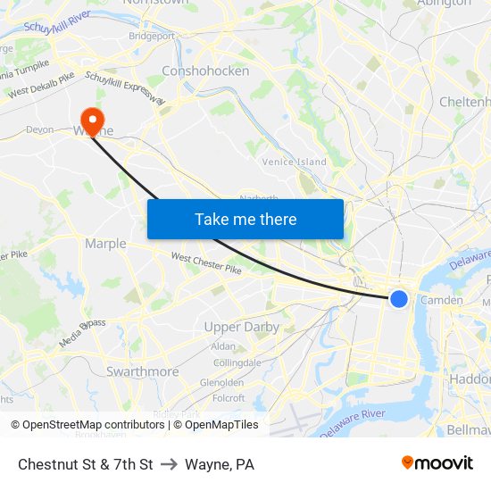 Chestnut St & 7th St to Wayne, PA map