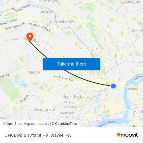 JFK Blvd & 17th St to Wayne, PA map