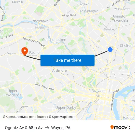 Ogontz Av & 68th Av to Wayne, PA map