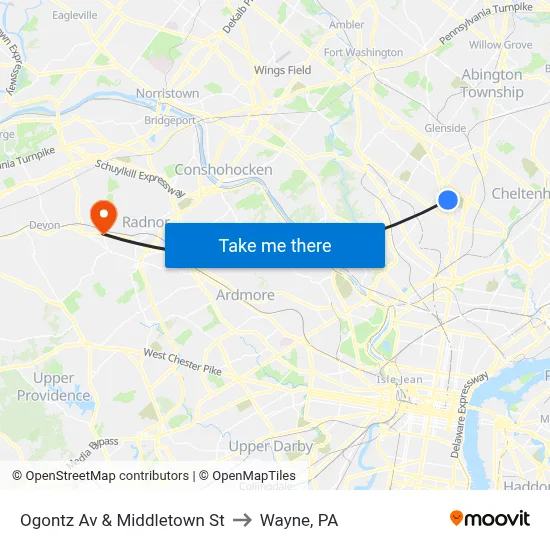 Ogontz Av & Middletown St to Wayne, PA map