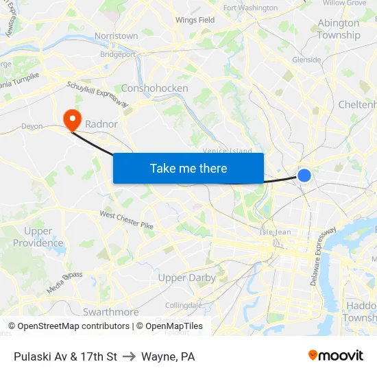 Pulaski Av & 17th St to Wayne, PA map