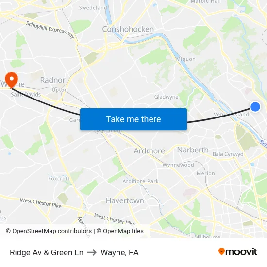 Ridge Av & Green Ln to Wayne, PA map