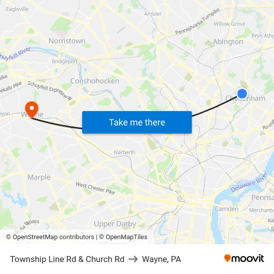 Township Line Rd & Church Rd to Wayne, PA map