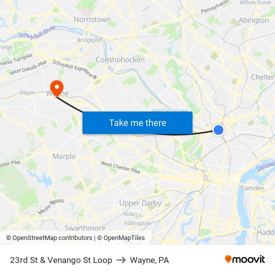 23rd St & Venango St Loop to Wayne, PA map