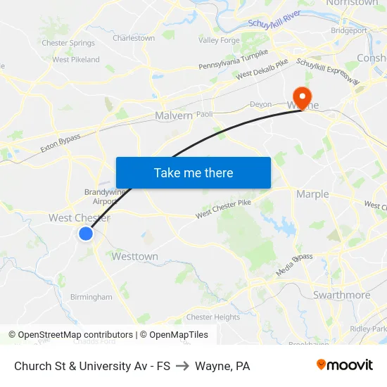 Church St & University Av - FS to Wayne, PA map