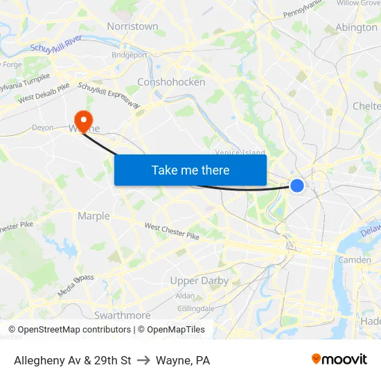 Allegheny Av & 29th St to Wayne, PA map