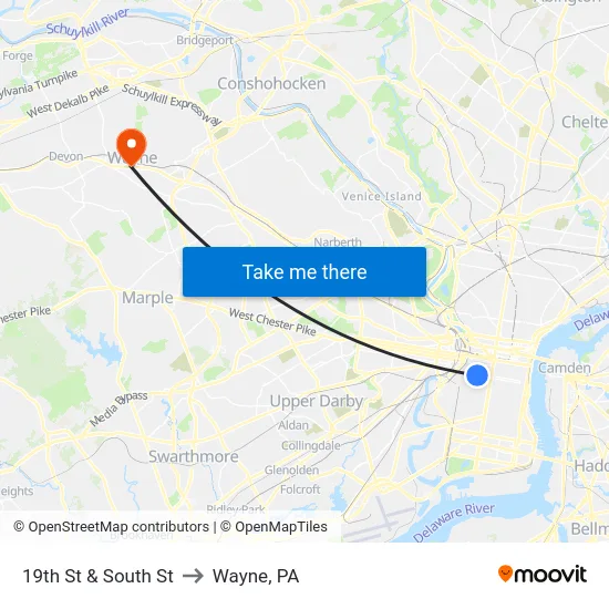 19th St & South St to Wayne, PA map