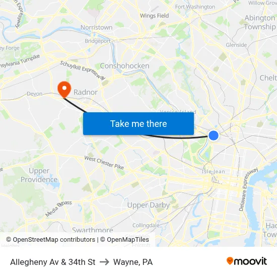 Allegheny Av & 34th St to Wayne, PA map