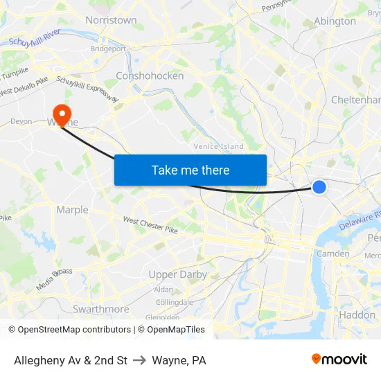 Allegheny Av & 2nd St to Wayne, PA map