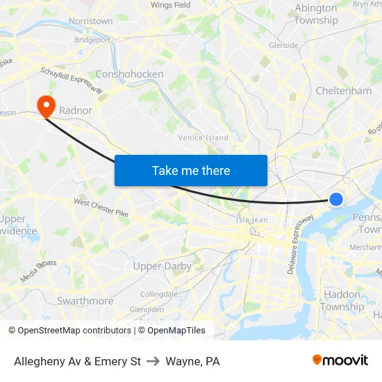 Allegheny Av & Emery St to Wayne, PA map