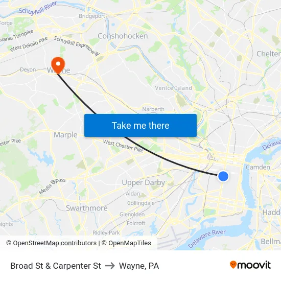 Broad St & Carpenter St to Wayne, PA map