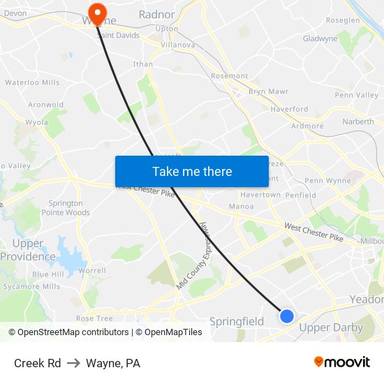 Creek Rd to Wayne, PA map