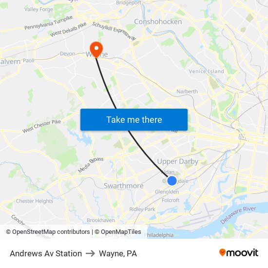 Andrews Av Station to Wayne, PA map