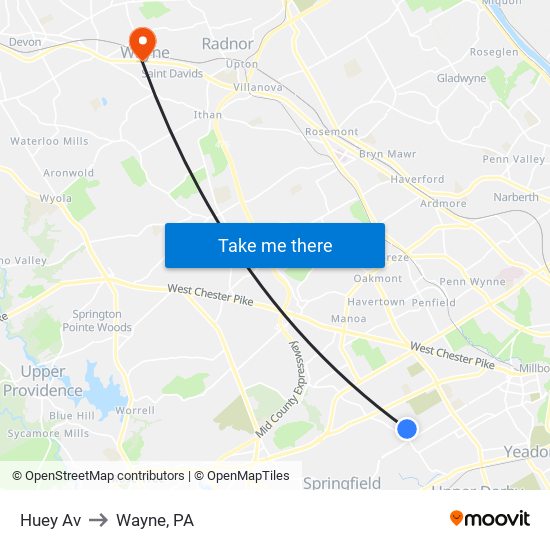 Huey Av to Wayne, PA map