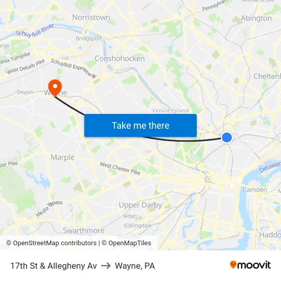 17th St & Allegheny Av to Wayne, PA map