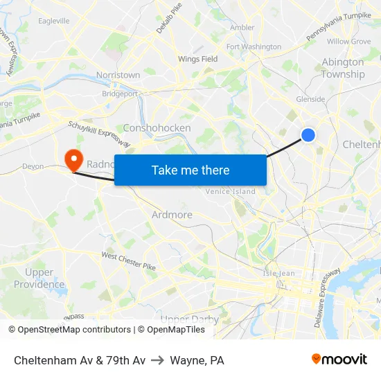 Cheltenham Av & 79th Av to Wayne, PA map