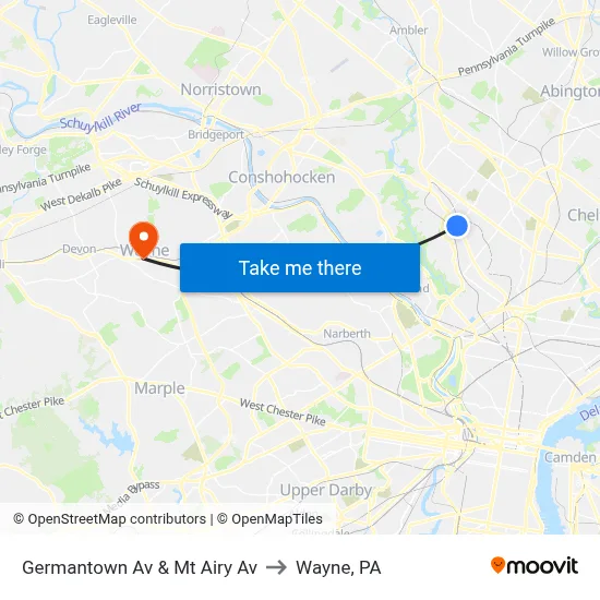 Germantown Av & Mt Airy Av to Wayne, PA map
