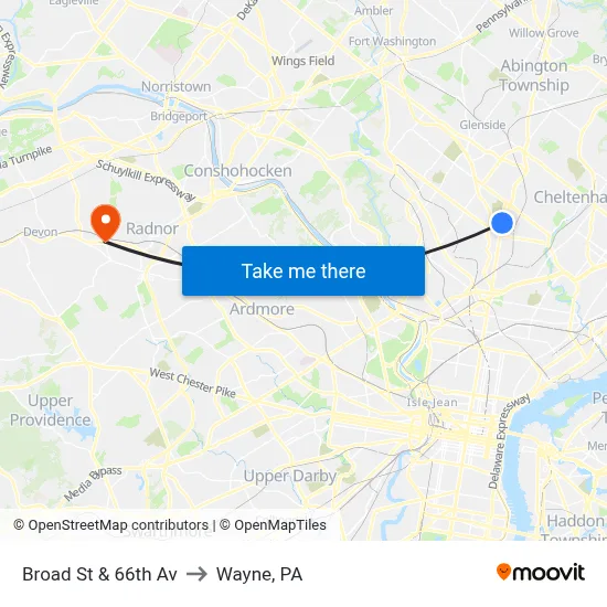 Broad St & 66th Av to Wayne, PA map