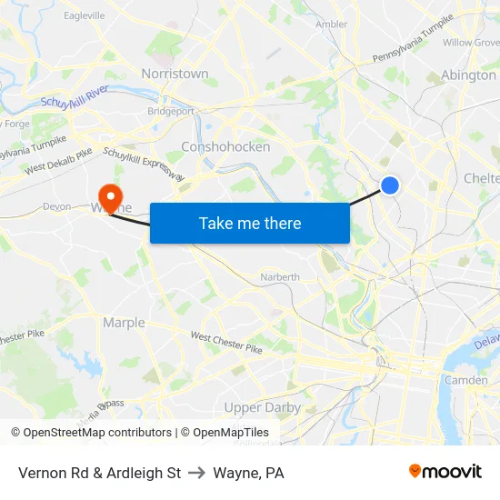 Vernon Rd & Ardleigh St to Wayne, PA map